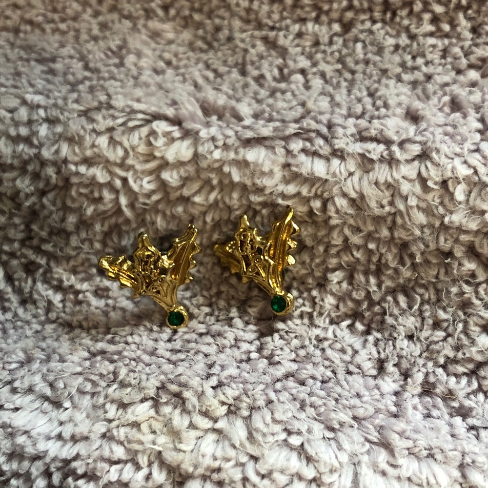 Gold Holly Leaf Earrings with Green Gem